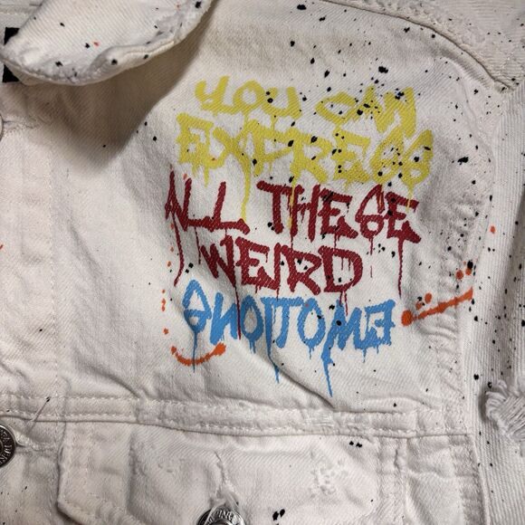 Zara Man Graffiti Paint Splatter Denim Jacket White Streetwear 80s Vibe - Picture 5 of 16